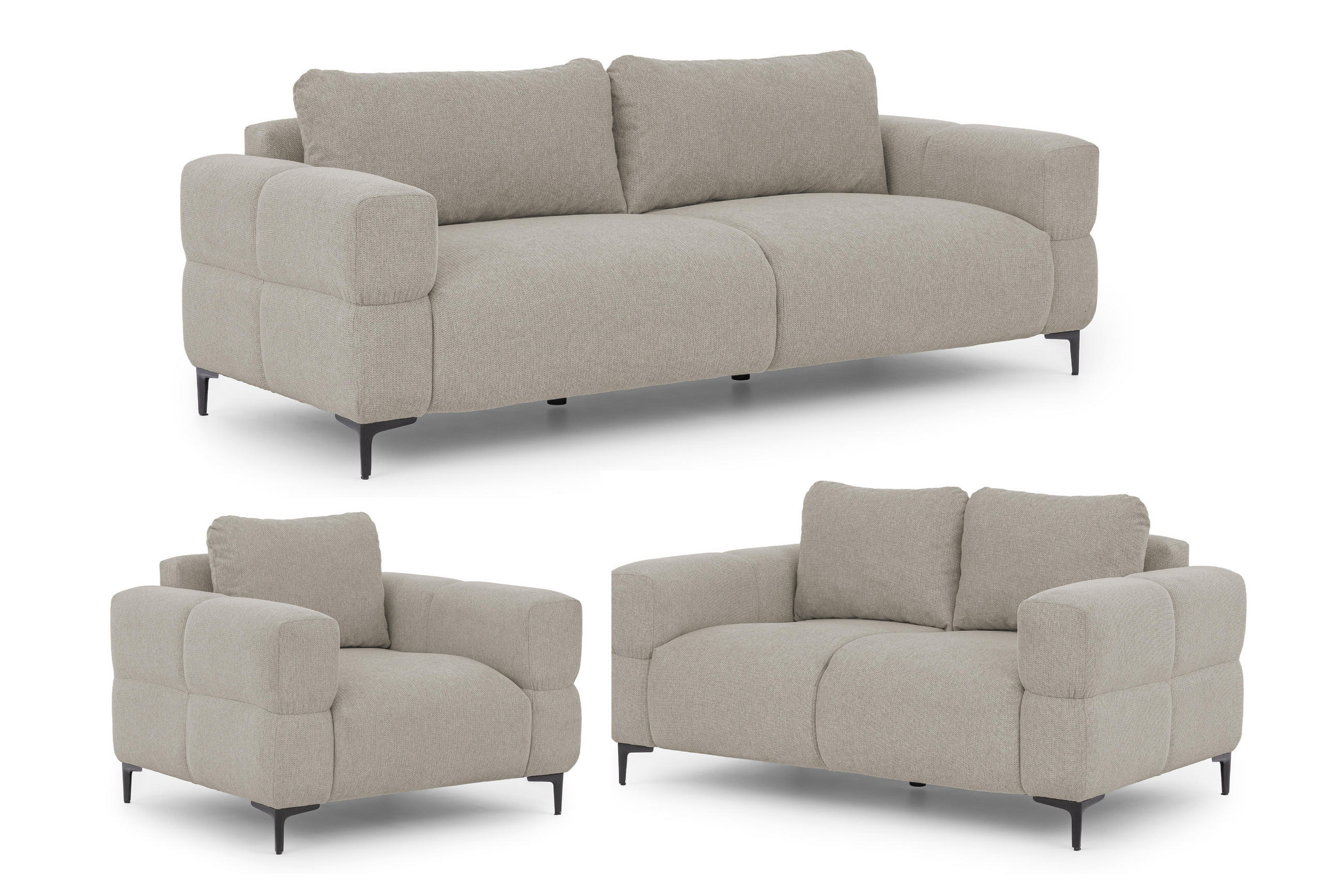 SITZGARNITUR 3+2+1 Cardea in Bubble-Optik aus weichem Taupe Strukturstoff mit hohem Sitzkomfort - Taupe/Schwarz, Holz/Textil (217/80/97cm) - S-Style Möbel