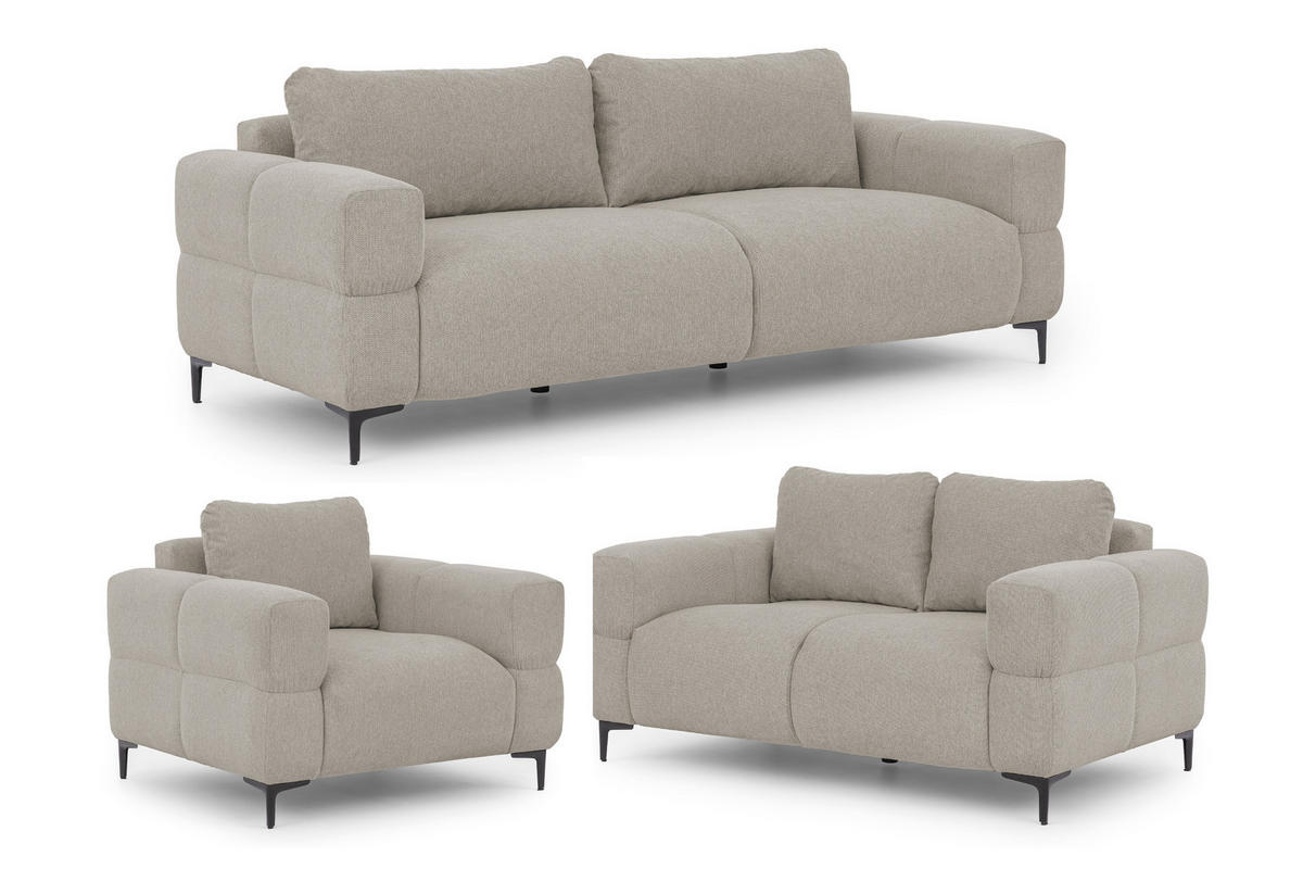 SITZGARNITUR 3+2+1 Cardea in Bubble-Optik aus weichem Taupe Strukturstoff mit hohem Sitzkomfort - Taupe/Schwarz, Holz/Textil (217/80/97cm) - S-Style Möbel