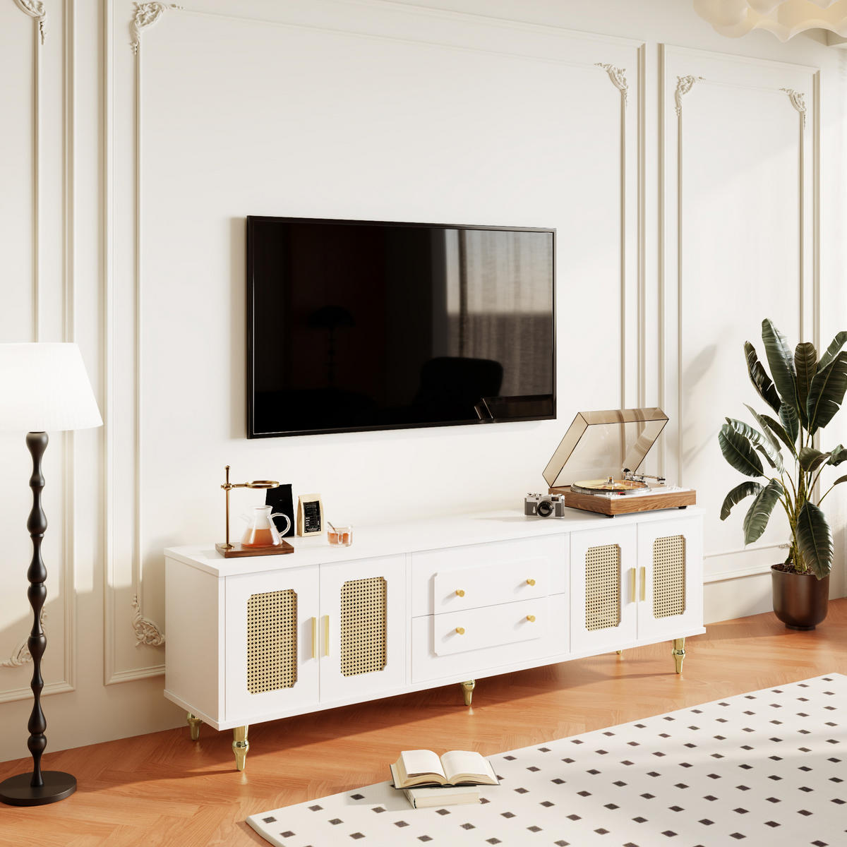 TV-LOWBOARD Retro Rattan Tür Metallbeine - Weiß, Holzwerkstoff (175/55.5/38cm) - LEBENLANG