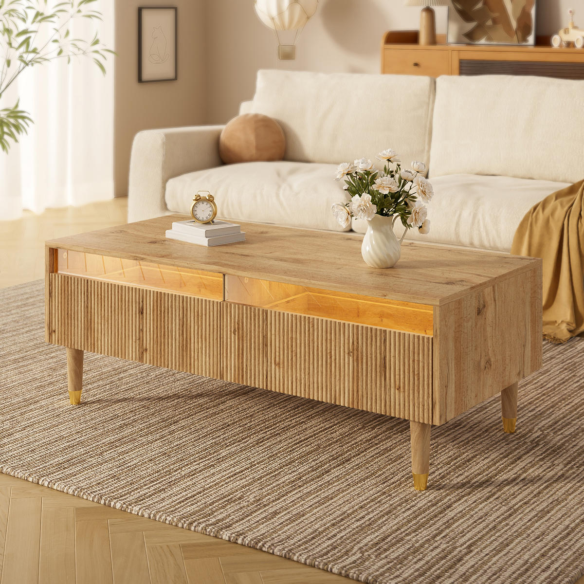 COUCHTISCH LED-Beleuchtung mit 2 Schubladen gewellter Platte Gold-Holz 110/50/40 cm - Naturfarben, Holz/Holzwerkstoff (110/50/40cm) - EVRYAE