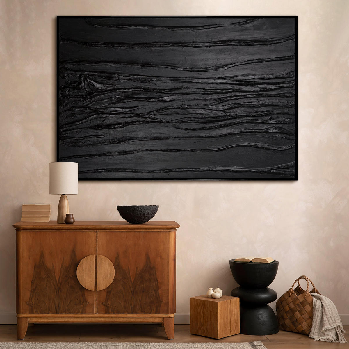 GEMÄLDE Samt II Schattenfugenrahmen Schwarz 120x80 cm - Schwarz, Holz (120/80cm) - YS-art gallery