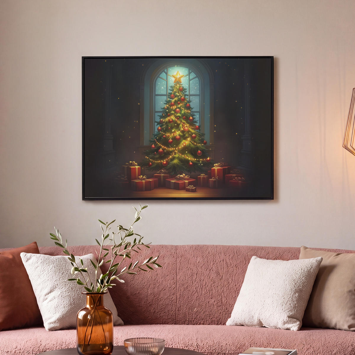 LEINWAND Bilder mit Rahmen - Weihnachtsbaum - Geschenk - Winter - 80x60 - Grün, Textil (80/60cm) - MuchoWow