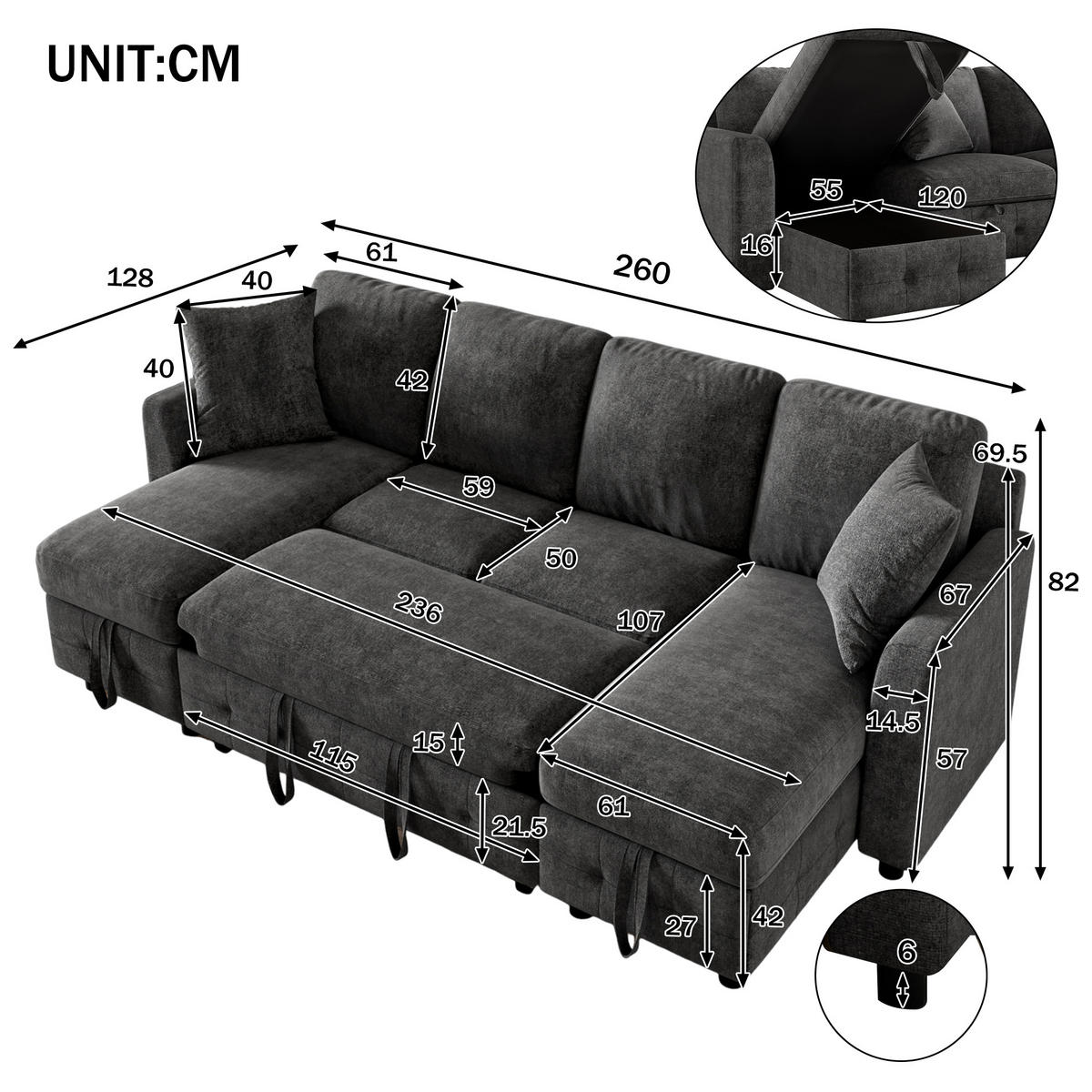 SOFA U Form Chenille Schlafsofa USB Type C Stauraum Grau - Dunkelgrau, Textil (260/82/128cm) - FLIEKS