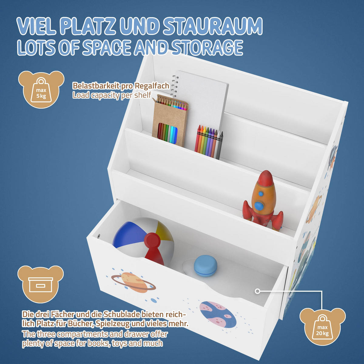 KINDERREGAL 3 Fächer mit Schublade - Weiß, Holzwerkstoff (62.5/70/30cm) - Joyz