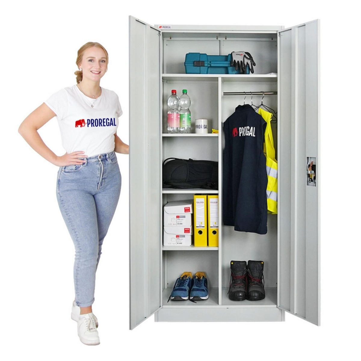 FLÜGELTÜRENSCHRANK Elephant komplett montiert 180x80x40cm 6 Fächern & Kleiderstange Lichtgrau - Hellgrau, Metall (80/180/40cm) - PROREGAL