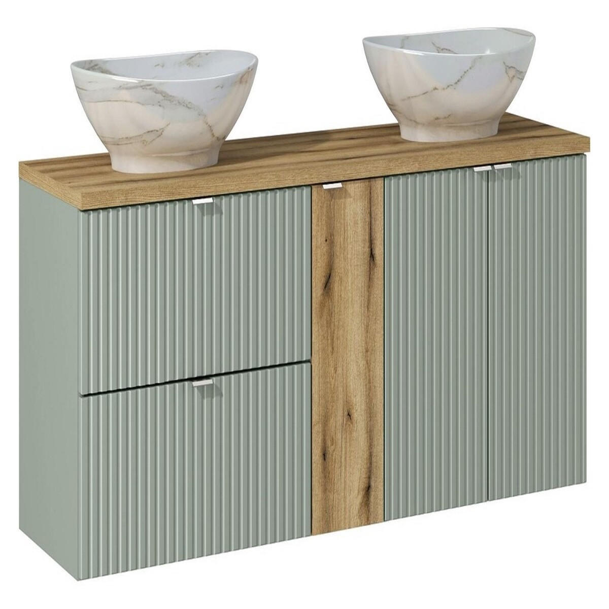 BADMÖBEL-SET 6 Teile - Line Reed Green L BM77 in Schilfgrün/ Evoke Eiche - Eiche Artisan/Grün, Holz (140/57/40cm)