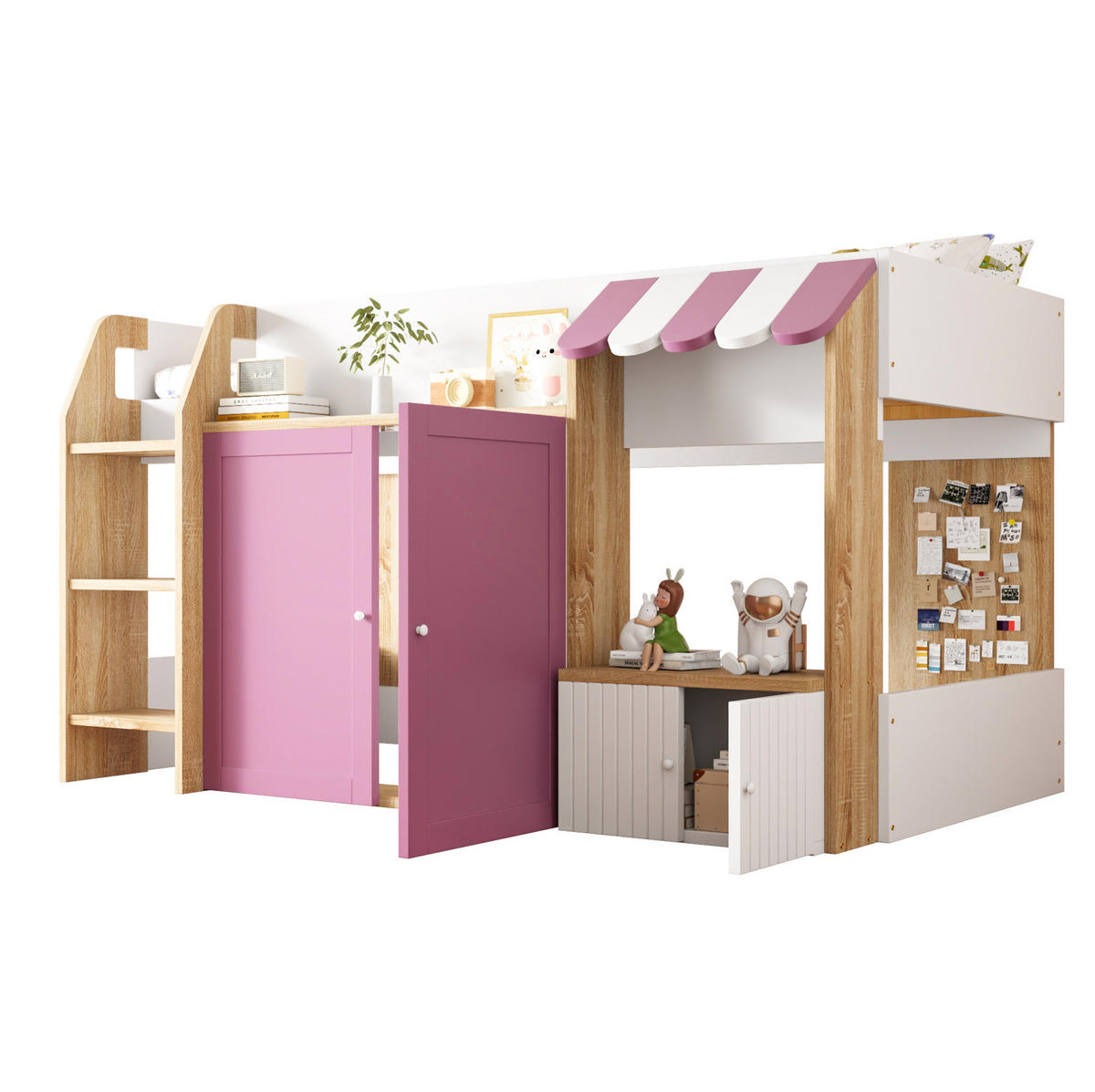 HOCHBETT aus Holz 90x200 cm in Rosa mit Leiter & Stauraum - Rosa, Holzwerkstoff (90/200cm) - Modfu
