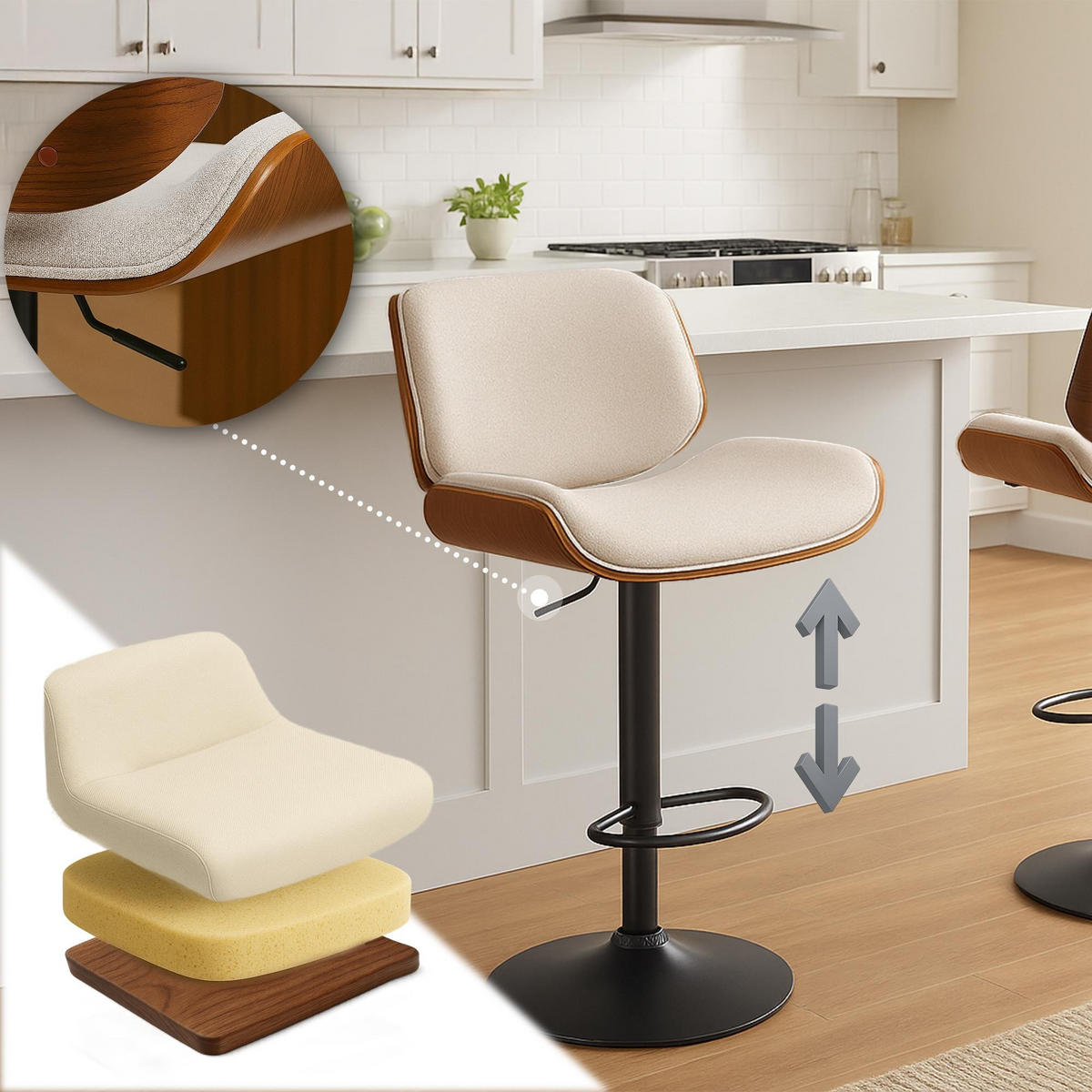 BARHOCKER Beverley 93x55x51 cm walnuss/creme - Creme, Textil (55/93/51cm) - furnicato