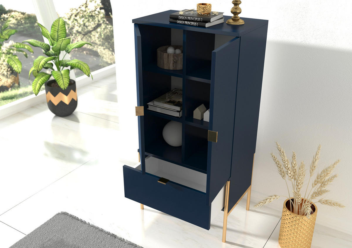 HIGHBOARD Polka, Marineblau, Goldene Details - Goldfarben/Dunkelblau, Holzwerkstoff/Metall (60/120/37cm) - Skandica