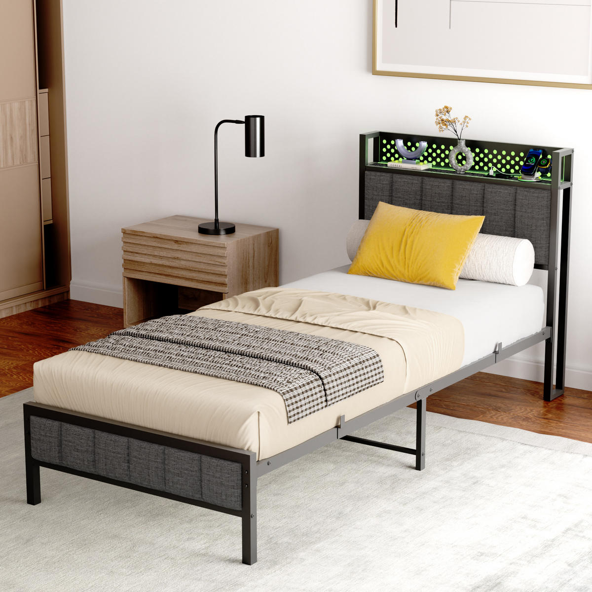METALLBETT 90/200 mit Matratze und Gepolstertes Kopfteil Jugendbett mit LED und Steckdose, 27 cm Bodenfreiheit - Schwarz/Grau, Holzwerkstoff/Textil (90/200cm) - STILVORA