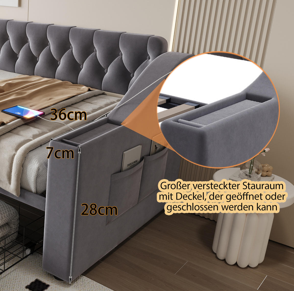 POLSTERBETT 90/190 cm mit USB- und Typ-C-Anschluss, Stauraumschubladen und Armlehnenfächern aus Samt, Dunkelgrau - Grau, Textil (90/190cm) - Redom