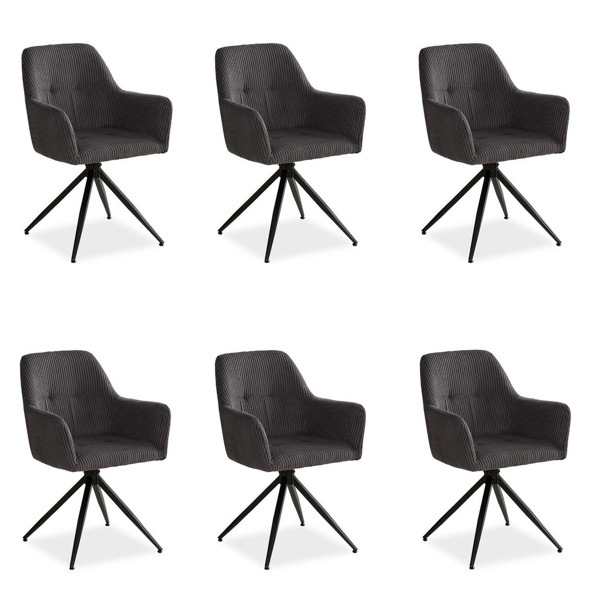 ARMLEHNENSTUHL 6 Stück in grau drehbar Cord - Schwarz/Grau, Textil/Metall (342/85/59cm) - Homestyle4u
