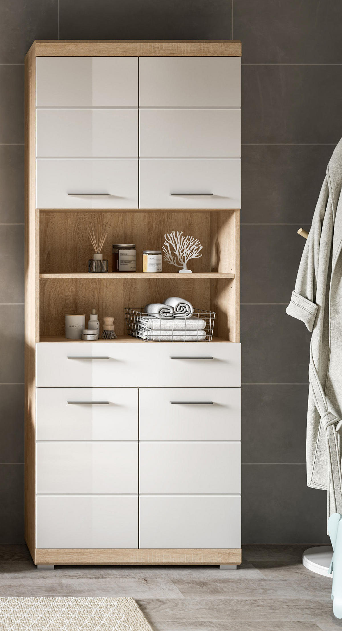 HOCHSCHRANK weiß Hochglanz, Eiche 74 x 191 cm, Badschrank mit viel Stauraum - Weiß Hochglanz/Eichefarben, Holzwerkstoff/Kunststoff (74/191/31cm) - Inn.Furn