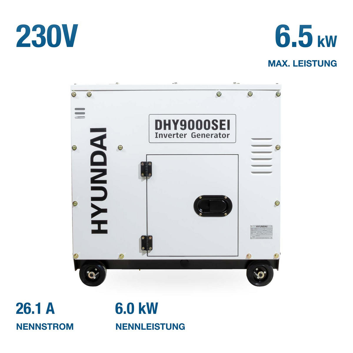 DIESEL Inverter Generator DHY9000SEi – 6,5 kW E-START, ATS-Anschluss, SINUS-Strom - Weiß, Metall (80/52.5/74cm) - HYUNDAI