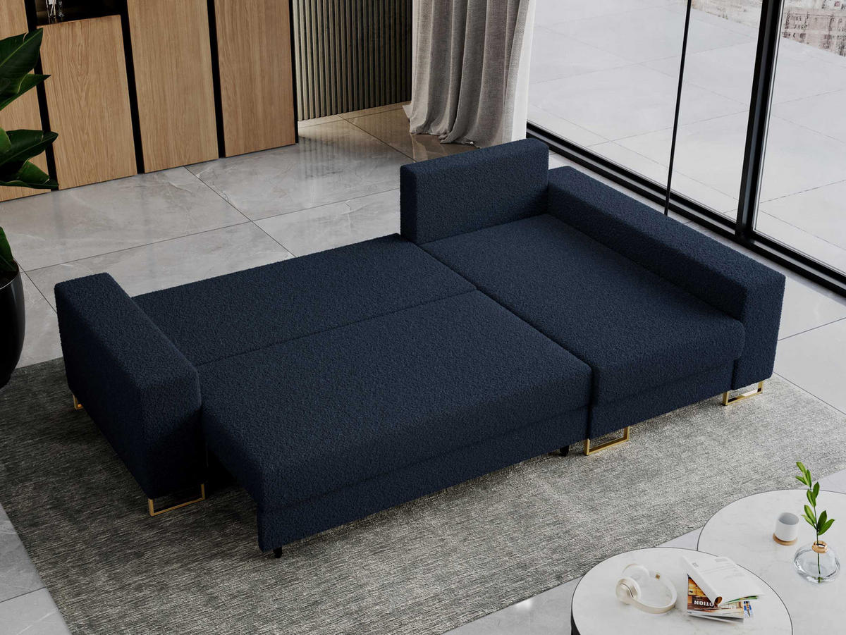 ECKSOFA Dorian Boucle Dunkelblau - Goldfarben/Dunkelblau, Textil/Metall (242/138cm) - MKS