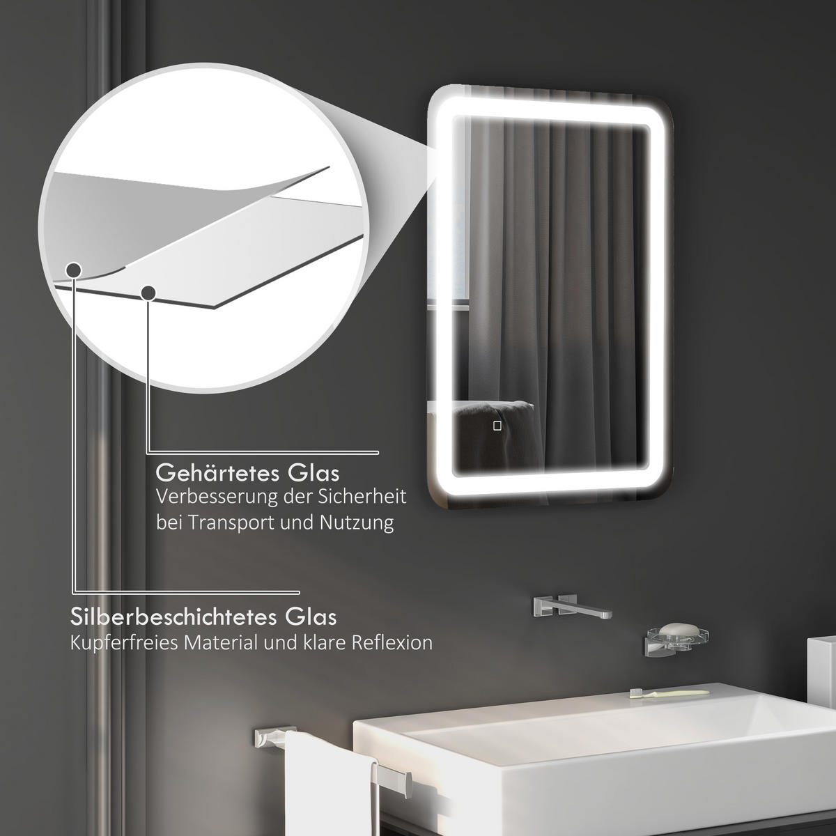BADSPIEGEL, 50 x 70 cm LED Badezimmerspiegel mit 3 Lichtfarben, Wandspiegel - Silberfarben, Glas (70/4/50cm) - HOMCOM