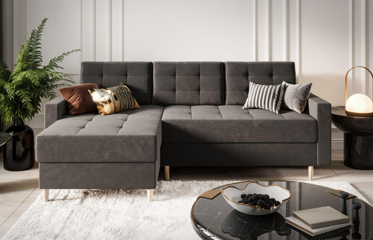 ECKSOFA BARI RN01, Eckcouch in L-Form mit Schlaffunktion, Farbe: Grau, Velourstoff, Ottomane Links - Grau, Textil (224/144cm) - O-Sofa