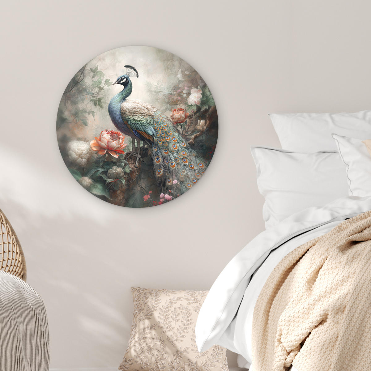 WANDBILD Pfau - Pfauenfedern - Vogel - Dschungel - Blumen Wanddeko Schlafzimmer 60x60 cm - Smaragdgrün, Kunststoff (60/60cm) - MuchoWow