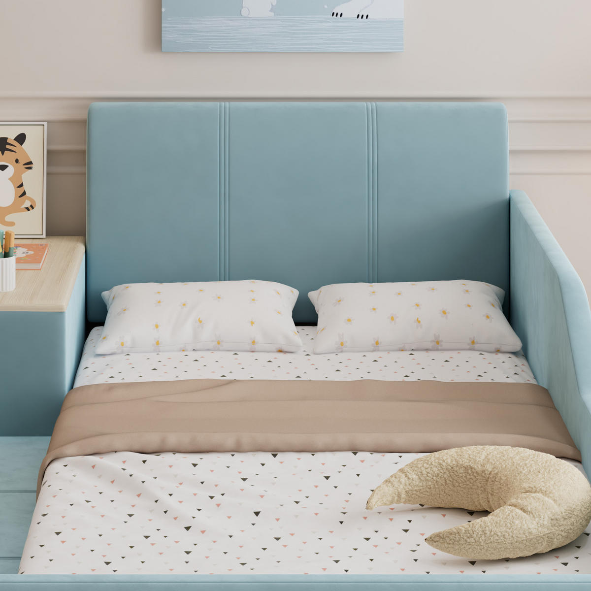 KINDERBETT 90/200 cm in Blau & Natur Samt mit Schreibtisch, Hocker und Ablageboden - Blau, Holzwerkstoff/Textil (90/200cm) - WISHDOR