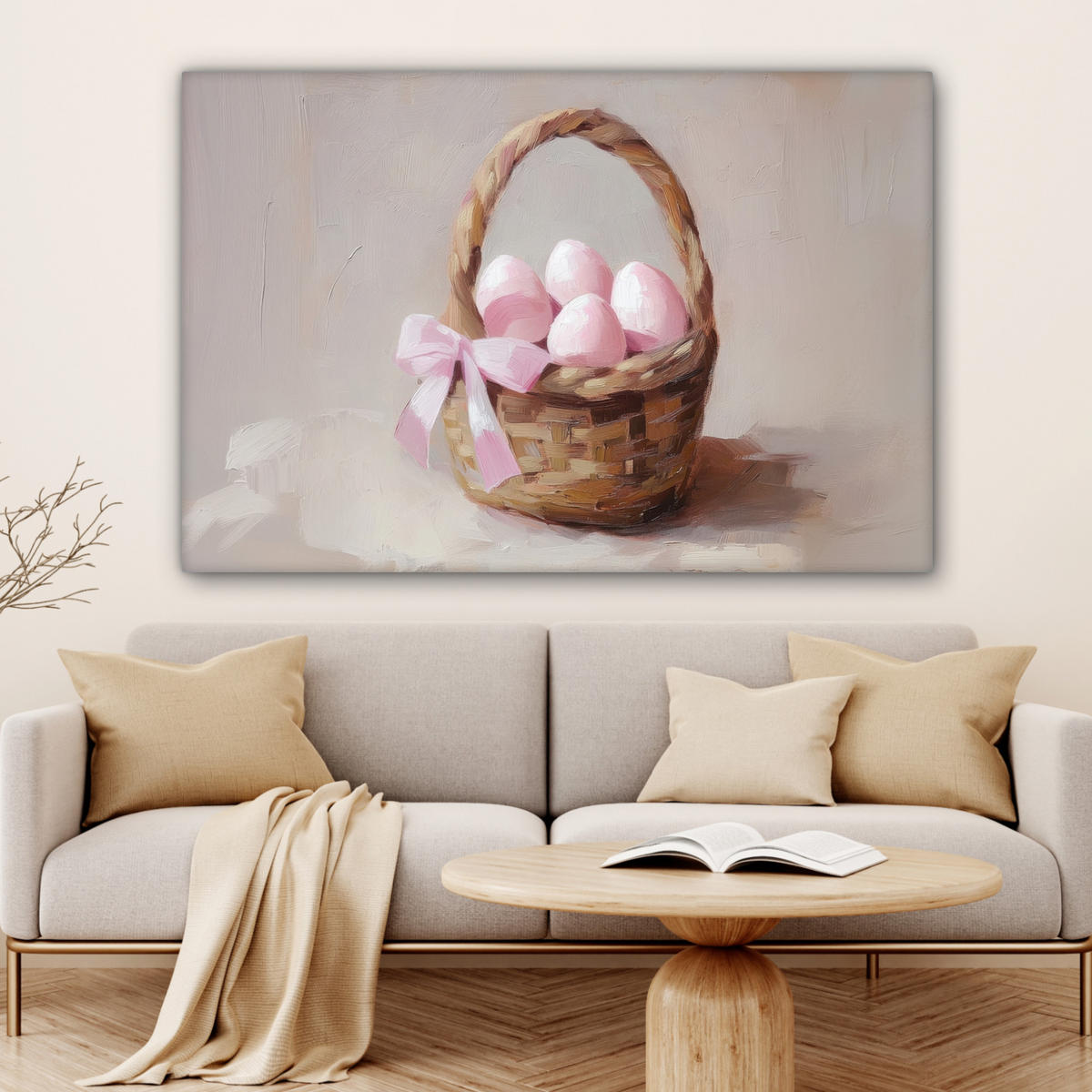 LEINWANDBILD Korb - Eier - Rosa Wohnzimmer Groß 120x80 cm - Beige, Textil (120/80cm) - MuchoWow