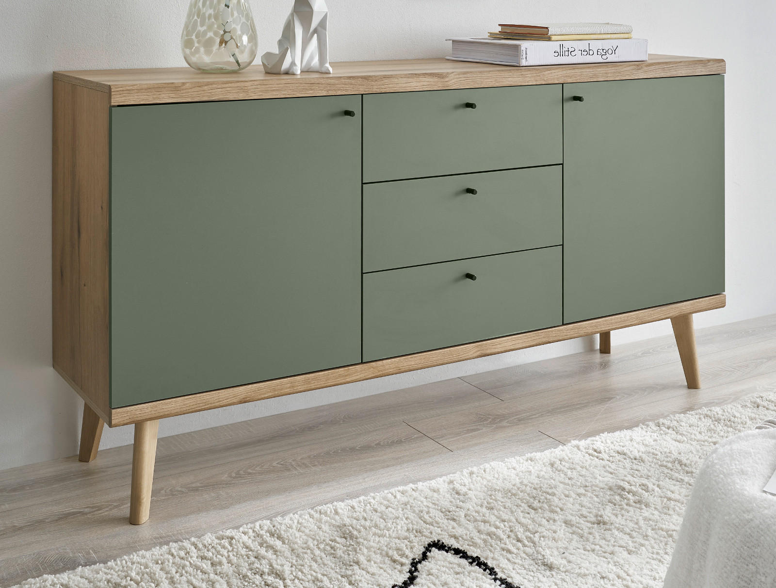 SIDEBOARD Salbei grün, Eiche Evoke, skandinavisch 160 cm, Kommode mit Vollauszug - Salbeigrün/Eichefarben, Holz/Holzwerkstoff (160/83/40cm) - Furn.Design