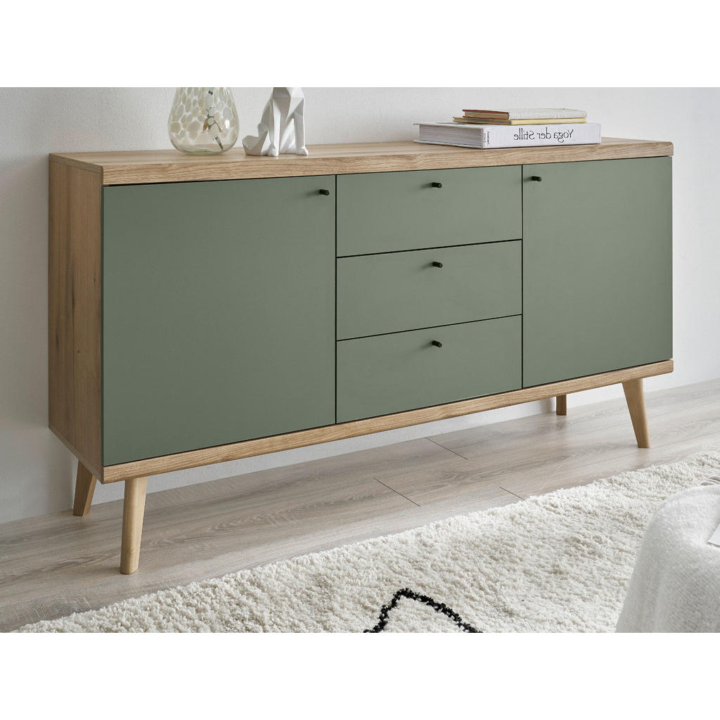 Thumbnail - Furn.Design Sideboard, Salbeigrün, Eiche, Metall, Nachbildung, Echtholz,Eiche, Holz Optik, Uni, 2 Fächer, 3 Schubladen, ...
