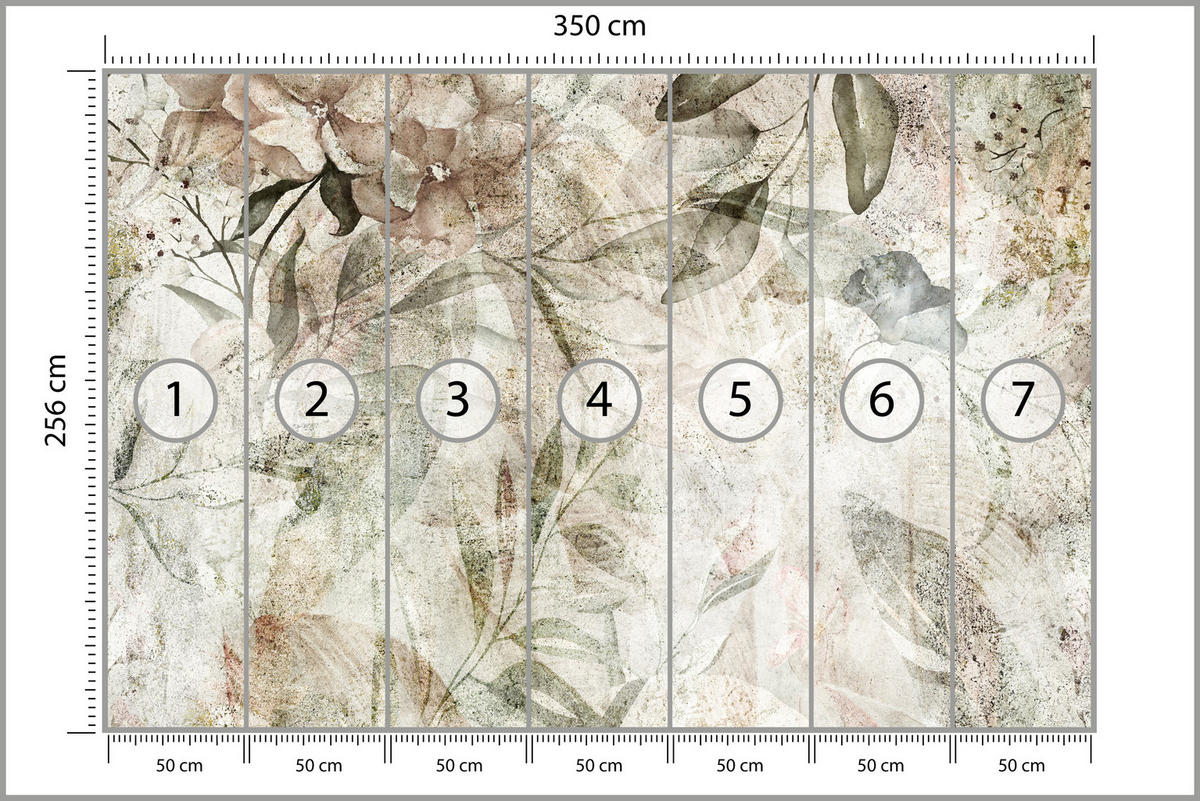 FOTOTAPETE für Schlafzimmer Retro Blumen Blätter Beton Abstrakt Vintage 350x256 - Beige/Braun, Papier (350/256cm) - Muralo