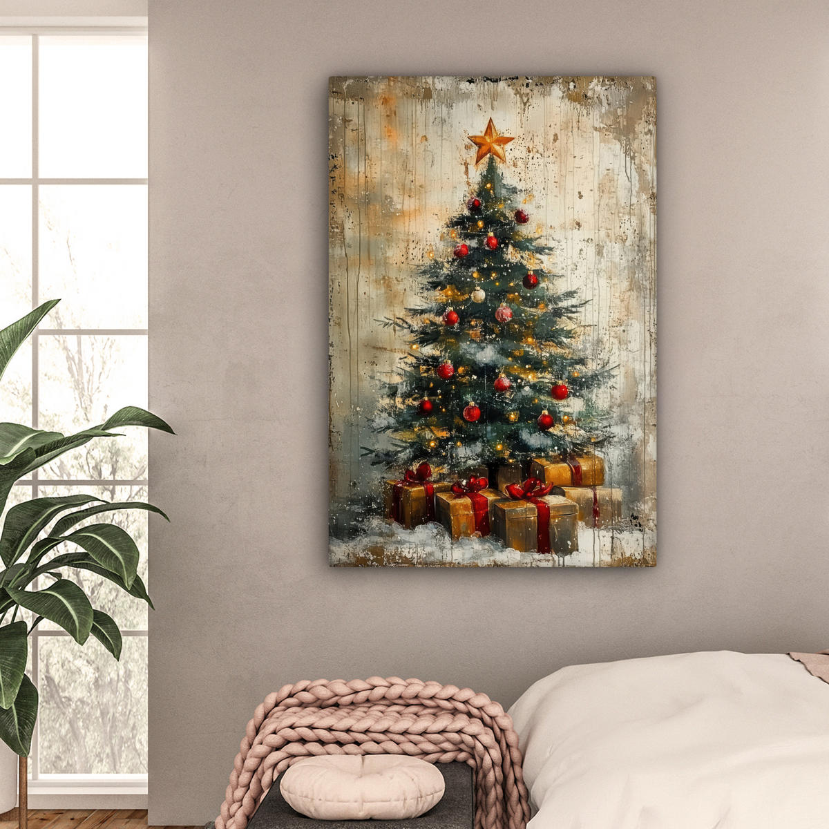LEINWANDBILD Weihnachtsbaum - Vintage - Weihnachten - Geschenk 80x120 cm - Rostfarben, Textil (80/120cm) - MuchoWow