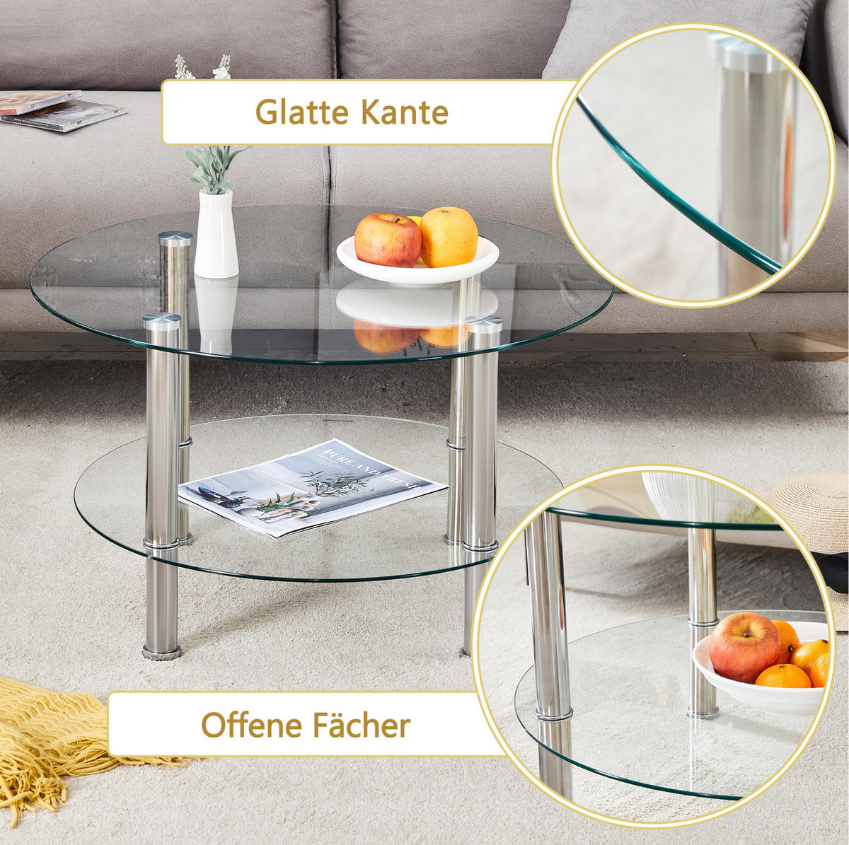 KONFERENČNÍ stolek 70/70/42 cm stříbrná transparentní z kovu a skla se 2 úrovněmi - stříbrná, sklo (70/70/42cm) - OKWISH