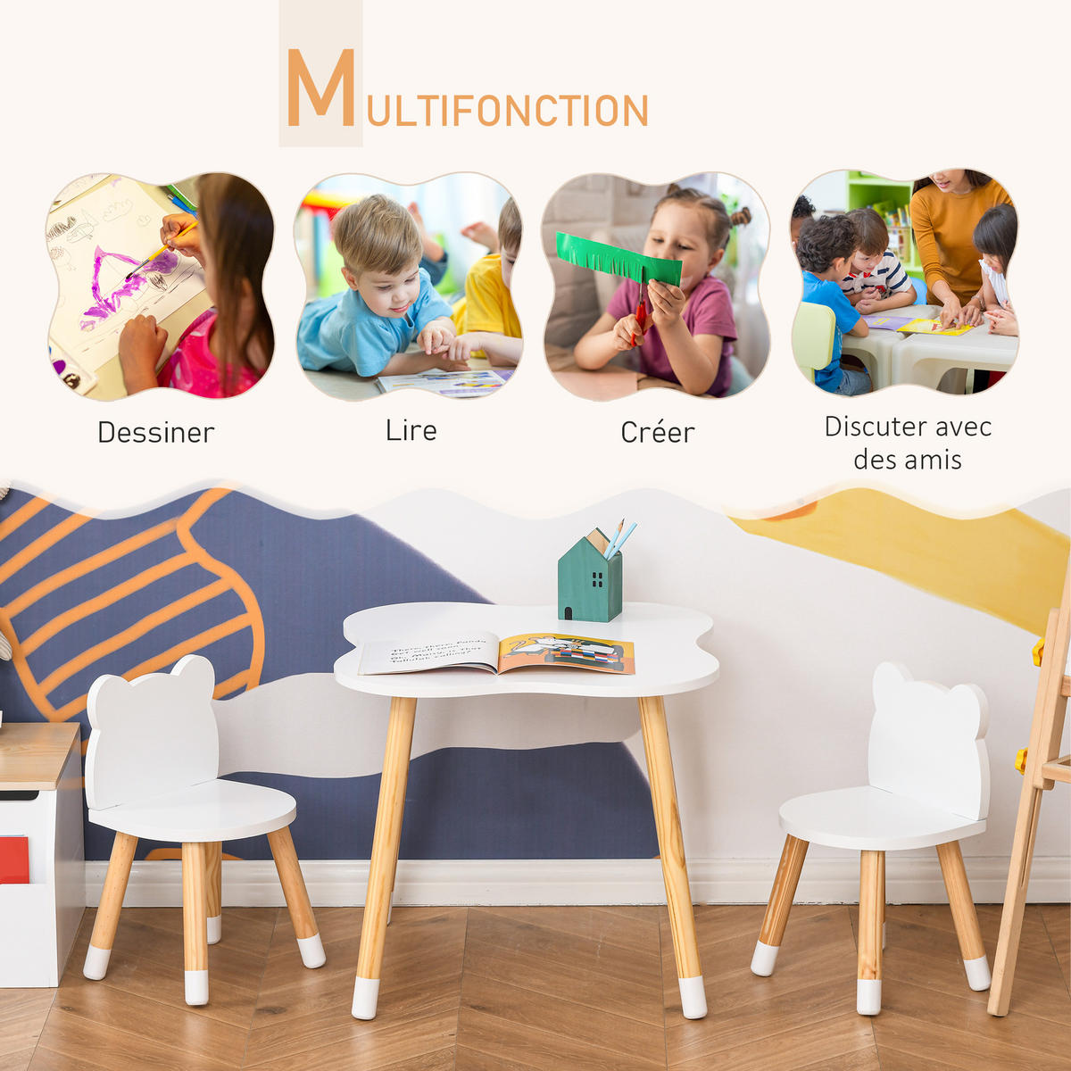 KINDERSITZGRUPPE DE-17500 Skandinavisches Design mit Bärenmotiv Weiß - Weiß, Holzwerkstoff (56/50/56cm) - ComfortXL