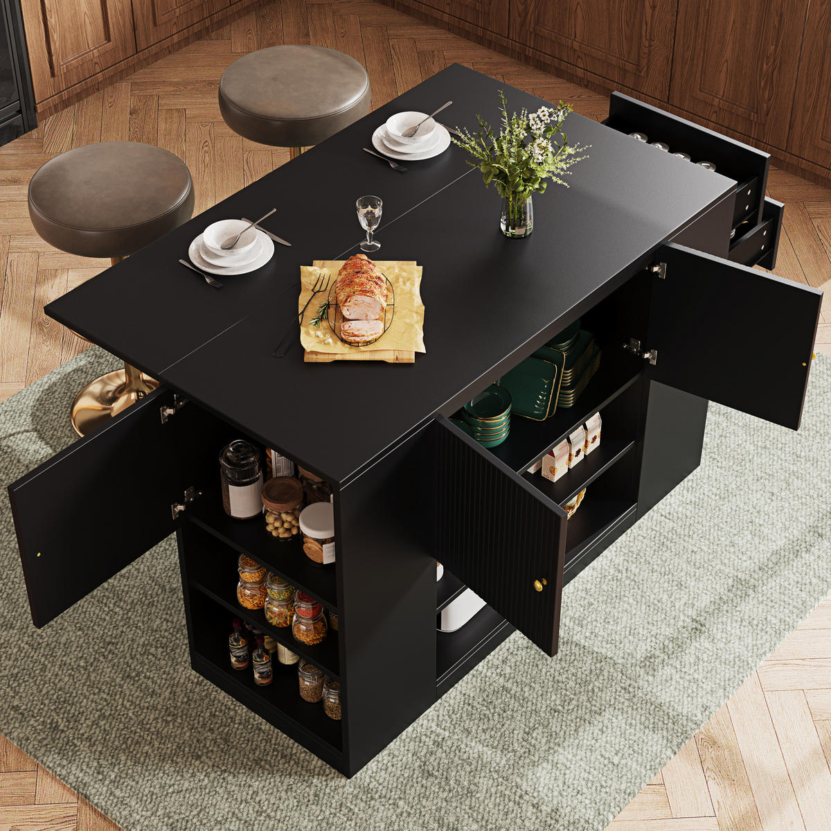 KÜCHENINSEL mit Klapptisch 140 x 40 x 90 cm Schwarz MDF - Schwarz, Holz (40/90/140cm) - Beauniv