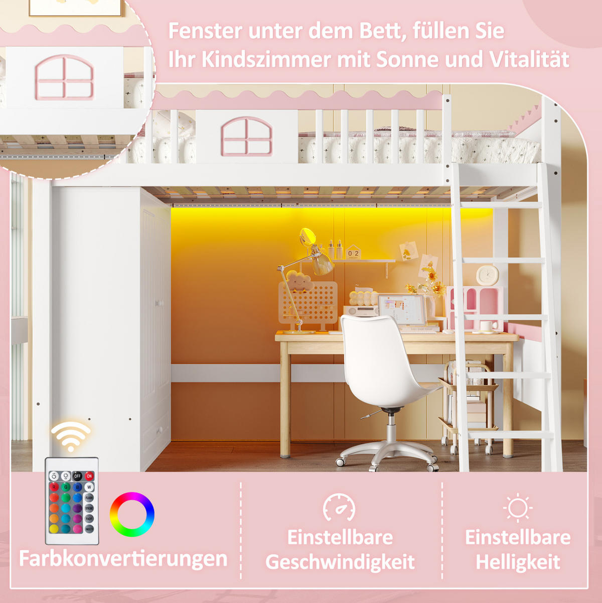 HOCHBETT 90/200 cm Weiß mit LED-Leuchten und Kleiderschrank mit Matratze - Weiß, Holzwerkstoff (90/200cm) - OKWISH
