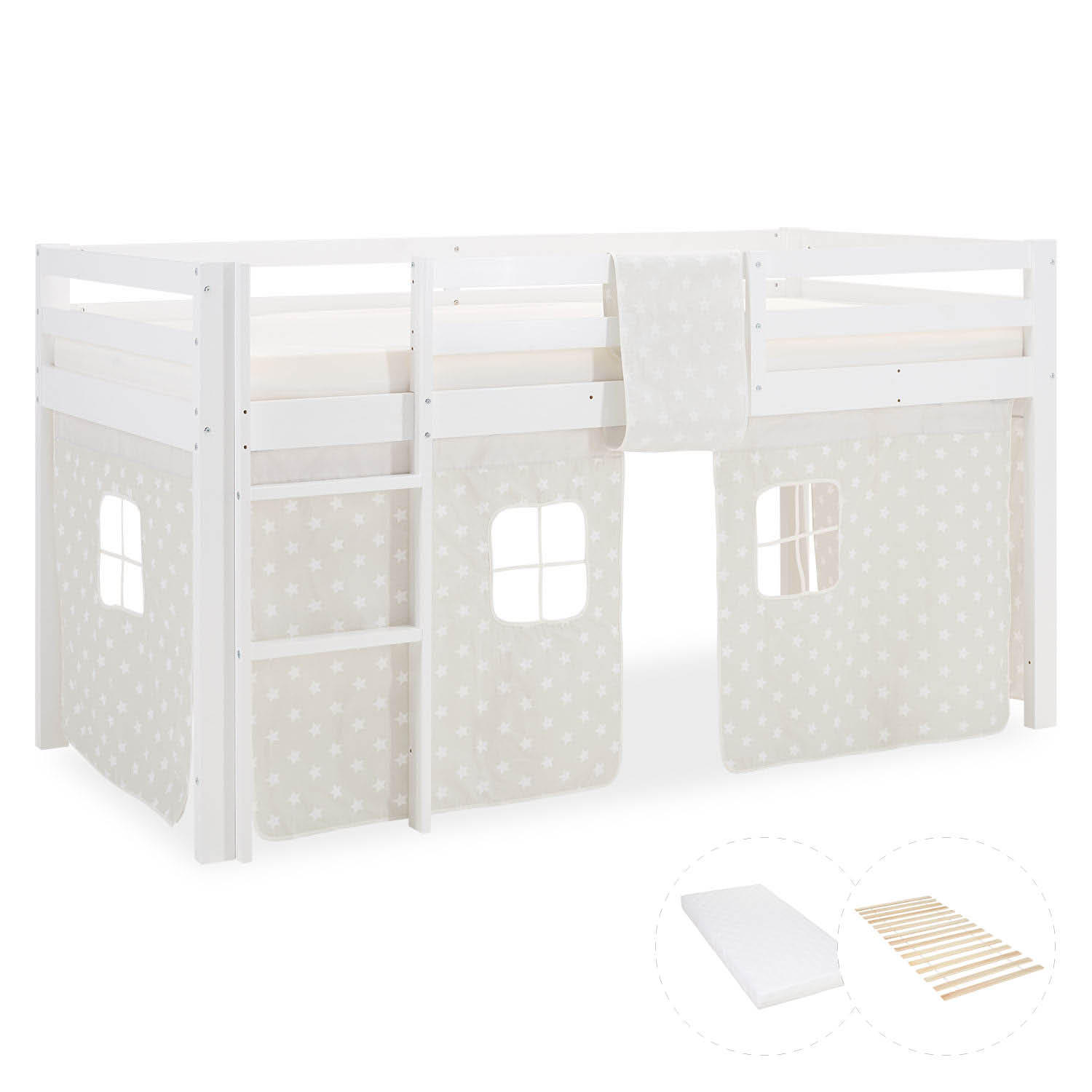 HOCHBETT 90/200 cm mit Lattenrost und Matratze Sterne - Weiß, Holz (90/200cm) - Homestyle4u