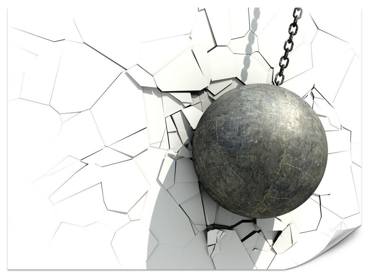 FOTOTAPETE für Büro Metallkugel Riss Weiße Wand 500x350 - Weiß/Grau, Papier (500/350cm) - Muralo