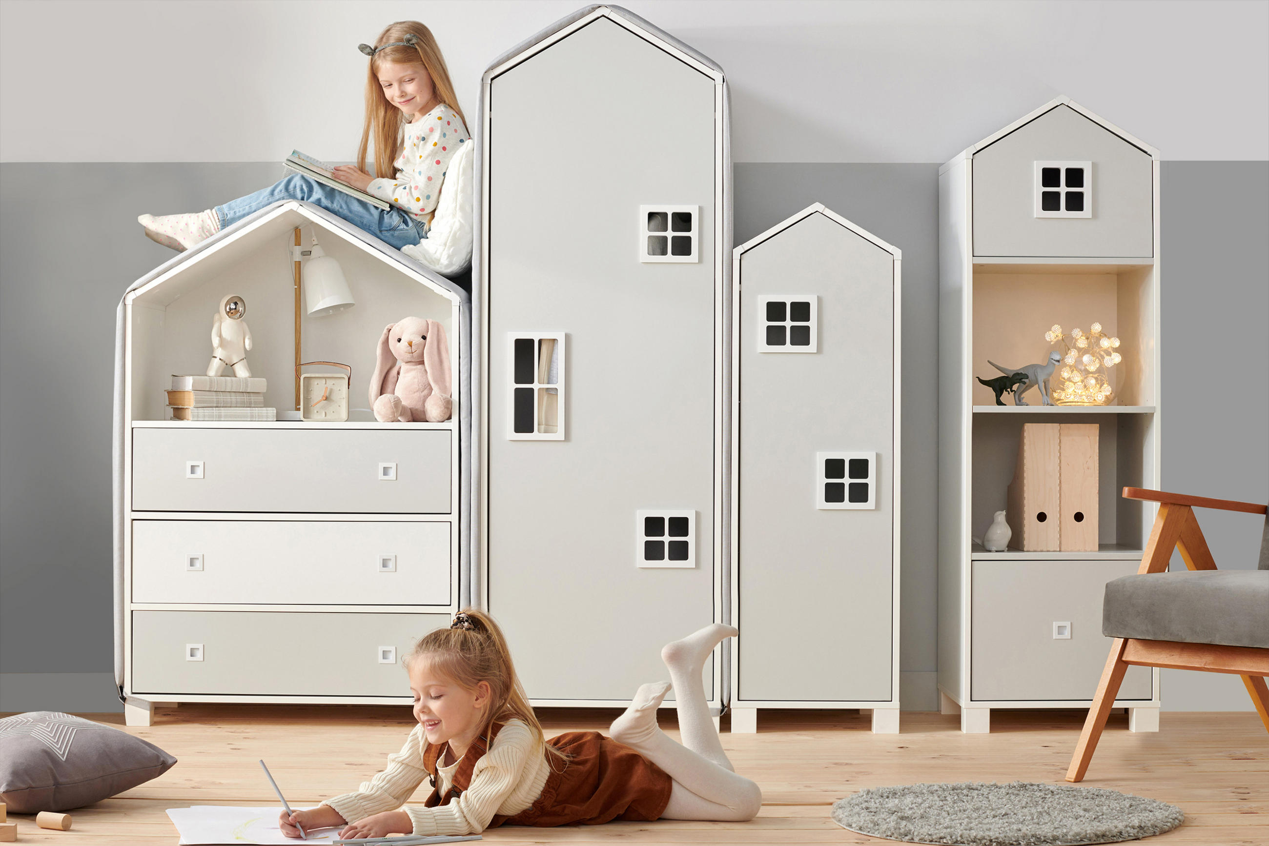 KINDERMÖBEL-SET MIRUM 4er-Set, Weiß/Grau - Weiß/Grau, Holz (40/145/45cm) - KONSIMO®