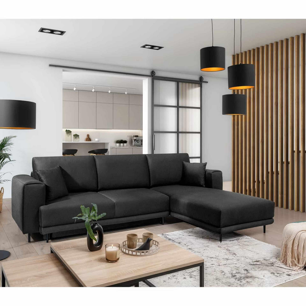 ECKSOFA mit Schlaffunktion und Bettkasten, Loco-Stoff - Dunkelgrau/Schwarz, Textil/Metall (190/289cm) - Eltap