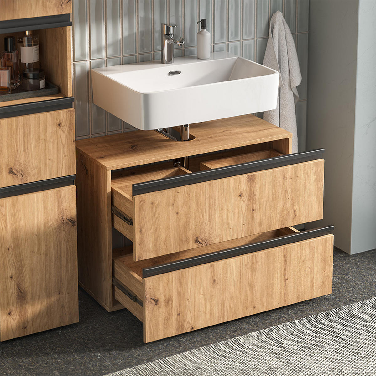 WASCHBECKENUNTERSCHRANK Torren Artisan 80 x 58 cm mit 2 Schubladen - Hellgrau, Holzwerkstoff (80/58/35cm) - Vicco