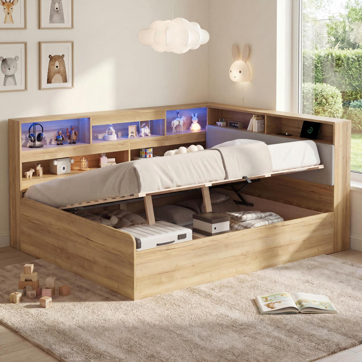 DAYBETT Natur 140x200 LED USB Hydraulik Stauraum Holz - Naturfarben, Holzwerkstoff (140/200cm) - FLIEKS