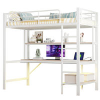 HOCHBETT aus Metall und MDF 90x200 cm Weiß mit LED-Beleuchtung, USB, Steckdose, Schreibtisch und Regal - Weiß, Metall (90/200cm) - Modfu