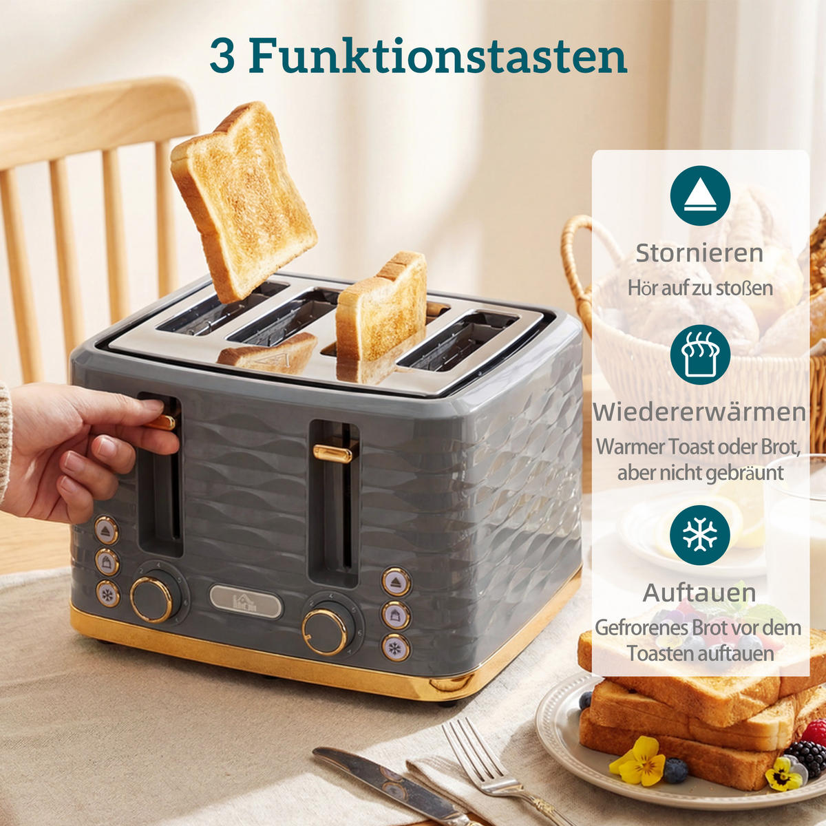 TOASTER DE-07955 4 Scheiben, 7 Bräunungsstufen, Wellenoptik Grau - Grau, Kunststoff (27.5/18.9/29.2cm) - ComfortXL