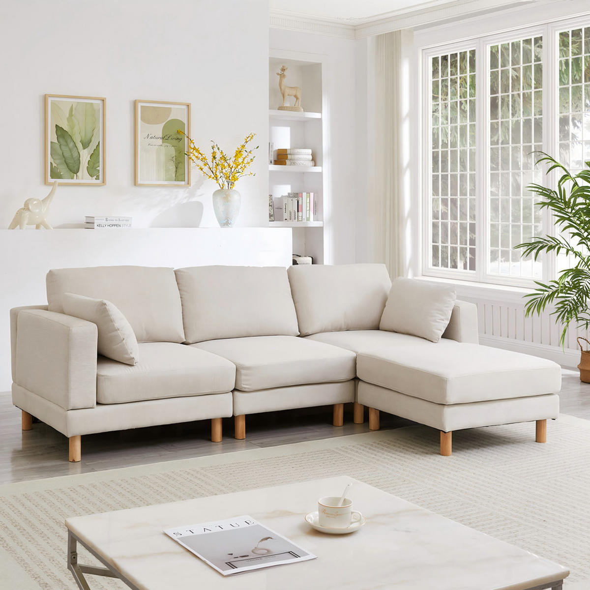 ECKSOFA Hocker Polyester 235x152cm Beige Taschenfederkern Holzfüße - Beige, Textil (152/235cm) - Raelunyi