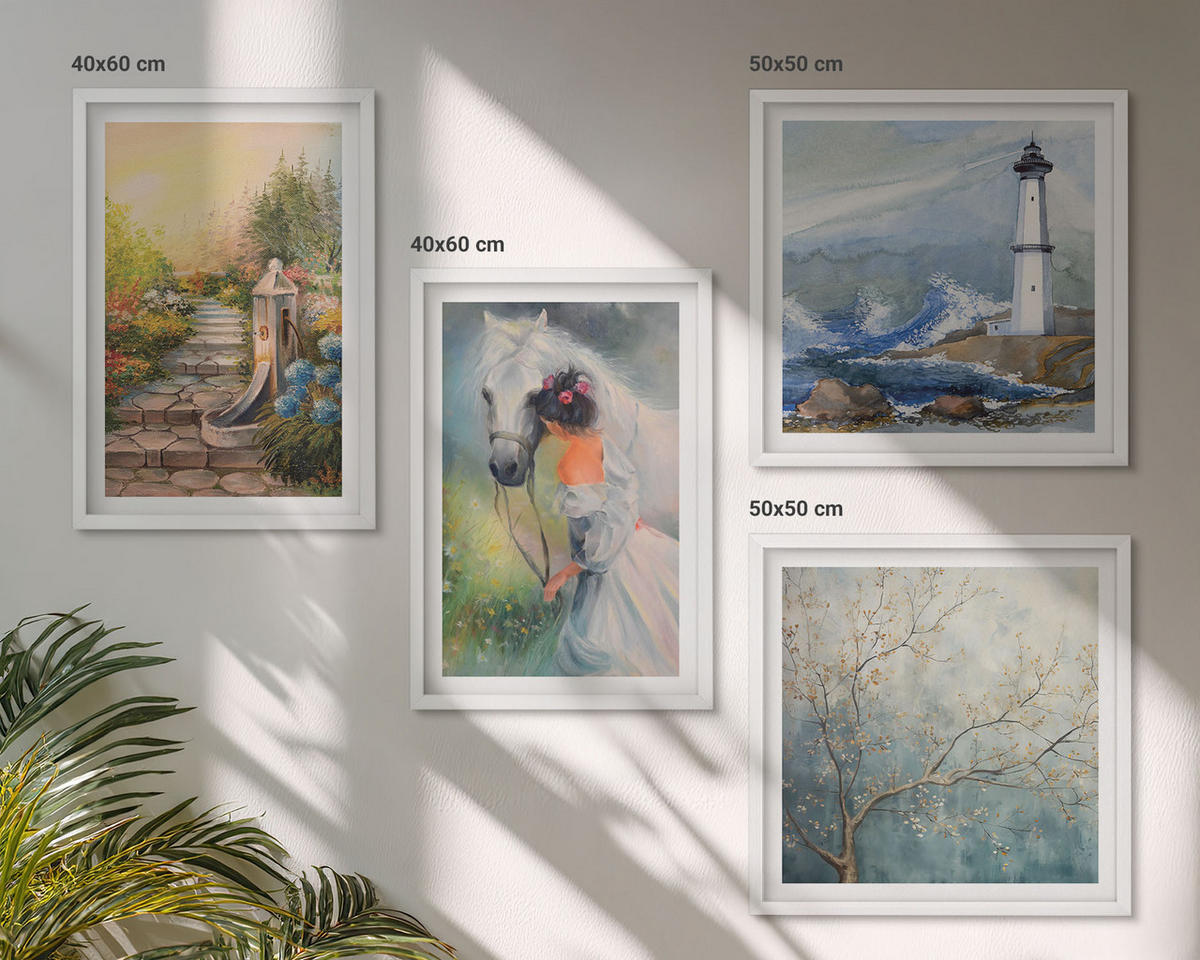 BILDER SET 4er Set - 50x50 cm & 40x60 cm Weißer Rahmen - Leuchtturm, Landschaft, Mädchen, Pferd - Weiß, Kunststoff (50/50cm) - TULUP