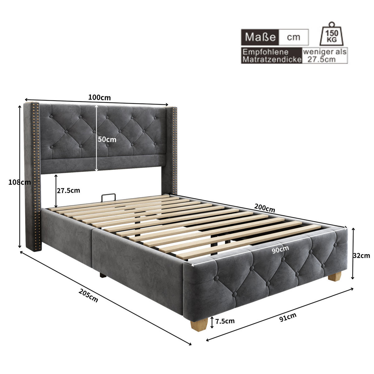 BETT 90x200 cm Samt Grey mit Lattenrost - Grau, Metall (90/200cm) - Meubliv