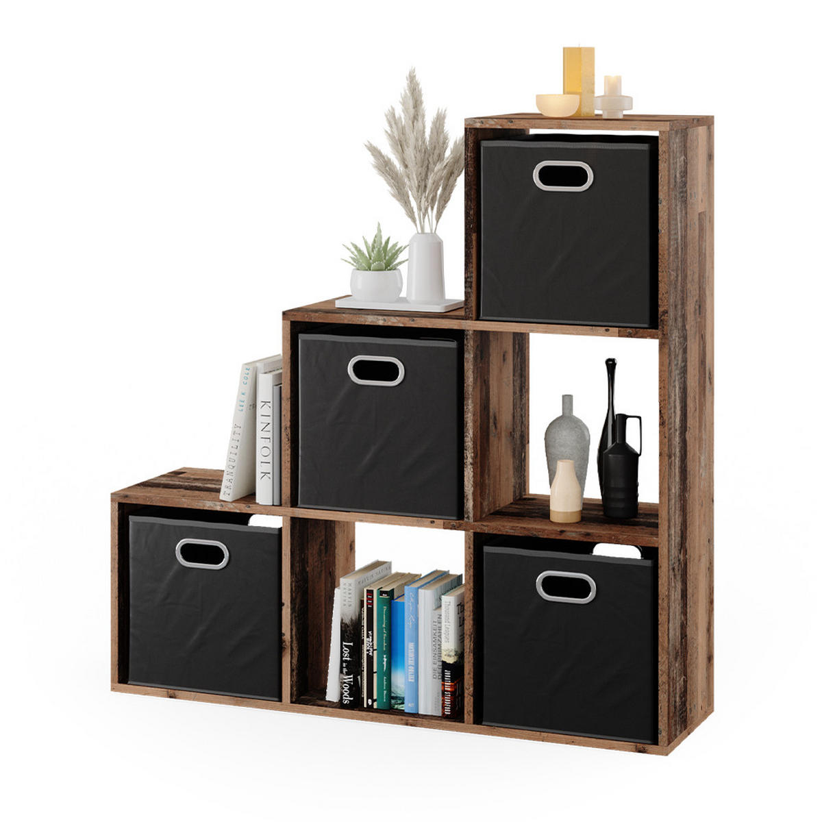 TREPPENREGAL Antikholz 107.2 x 107.8 cm mit 4 Faltboxen - Alteiche, Holzwerkstoff (107.2/107.8/29cm) - Vicco