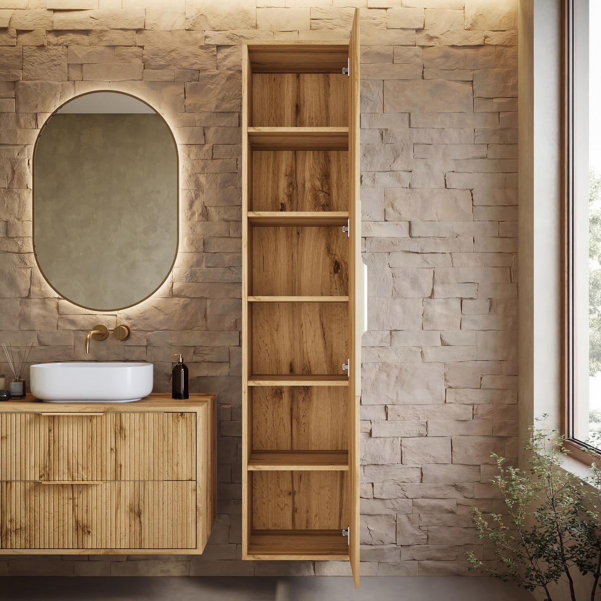 BADEZIMMERSCHRANK Rimini mit 1 Tür Eiche - 38 x 33 x 170 cm - Eichefarben, Holz (38/170/33cm) - Badplaats