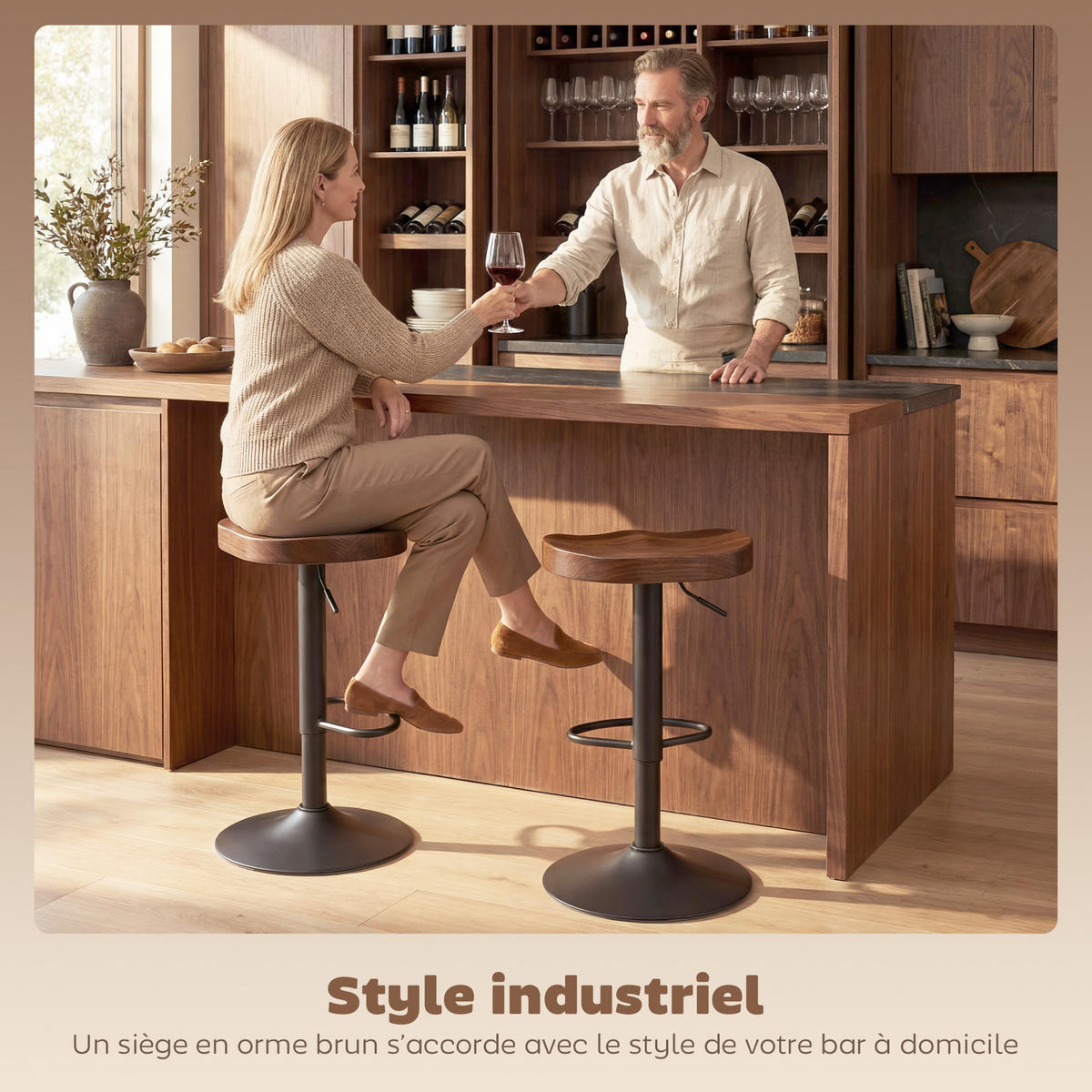 BARHOCKER 2er-Set DE-14810 höhenverstellbar mit Ulmenholz-Sitz Dunkelbraun - Dunkelbraun, Metall (41.5/82/41.5cm) - ComfortXL
