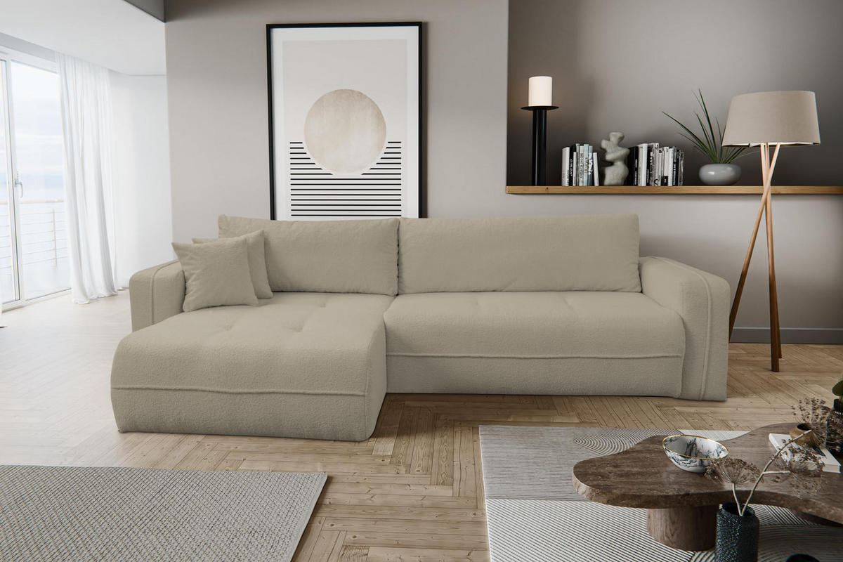 ECKSOFA CLOUD mit Schlaffunktion und Bettkasten Boucle Cloud (Cappuccino) - Cappuccino, Textil (276/145cm) - VENASI MÖBEL