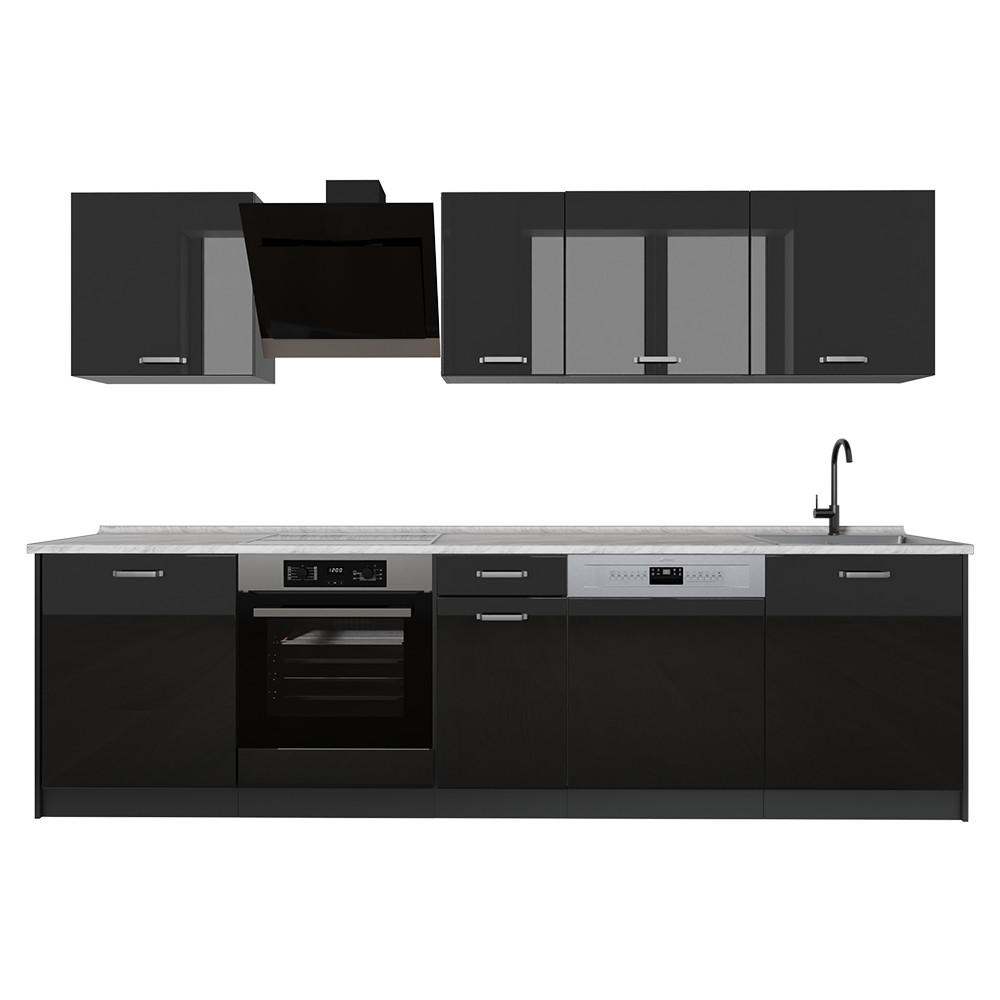 KÜCHENZEILE R-Line, Schwarz Hochglanz/Weiß, 280 cm Arbeitsplatte Marmor - Schwarz Hochglanz/Weiß, Holzwerkstoff (280/206.8/60cm) - Vicco