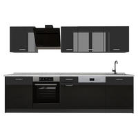 KÜCHENZEILE R-Line, Schwarz Hochglanz/Weiß, 280 cm ohne Arbeitsplatte - Schwarz Hochglanz/Weiß, Holzwerkstoff (280/206.8/46cm) - Vicco