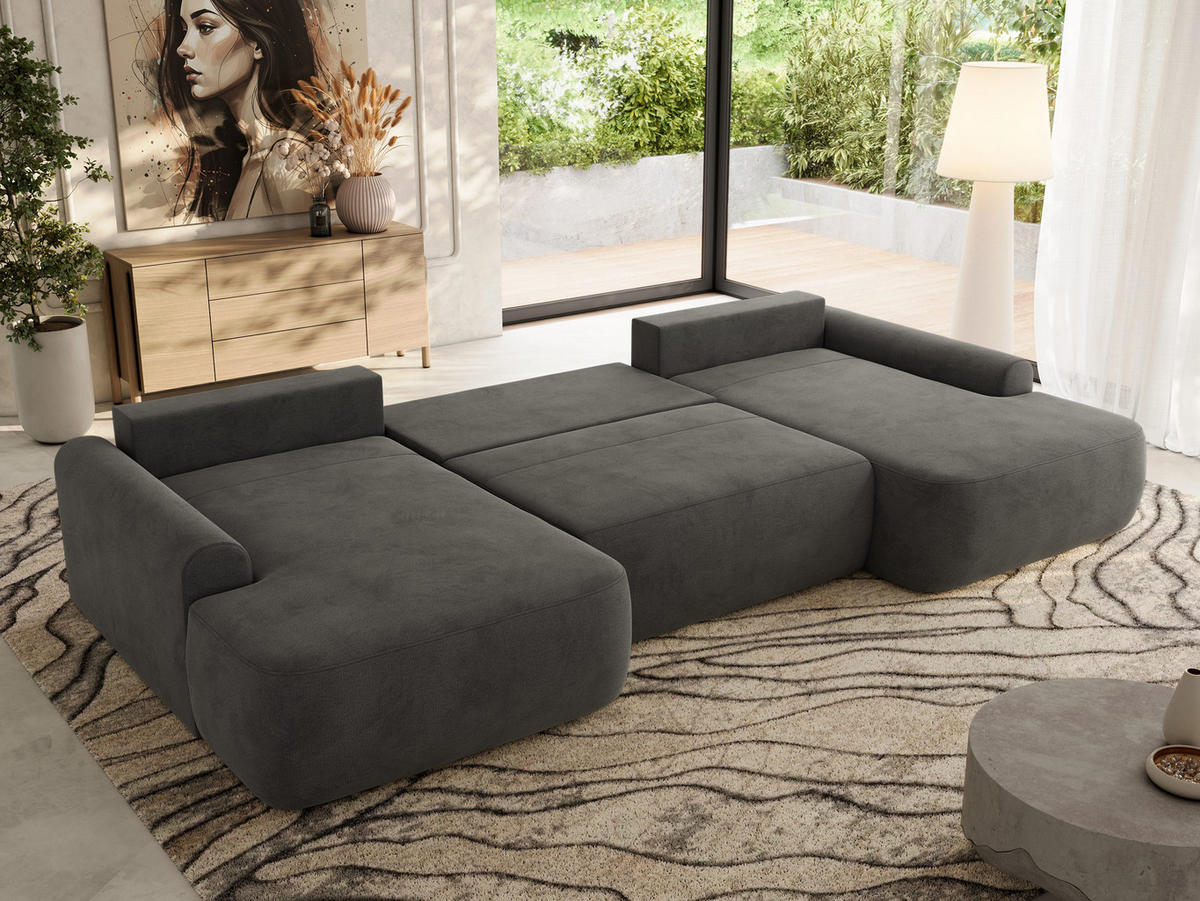 WOHNLANDSCHAFT CUBO U Dunkelgrau Velvet - Dunkelgrau/Schwarz, Kunststoff/Textil (370/100/187cm) - MKS